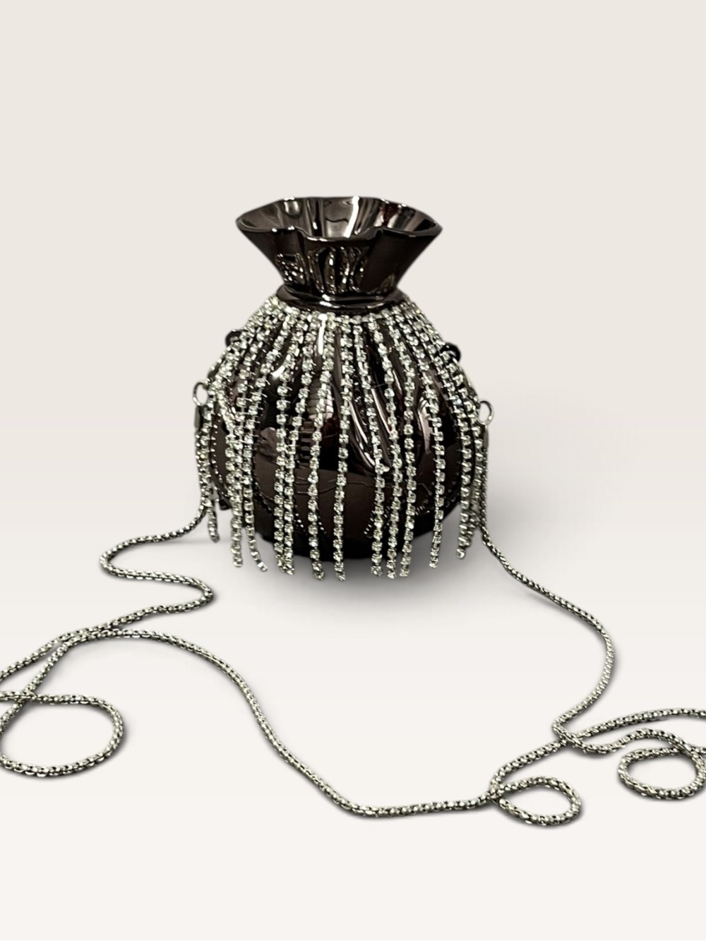 Black Crystal Fringe Mini Evening Bag with Chain